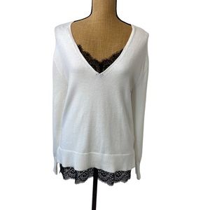 Laundry by Shelli Segal Womens Small White Sweater With Black Lace Trim V-Neck.